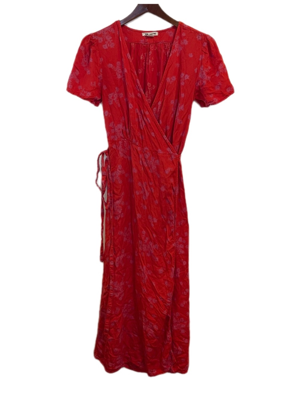 Billabong Dress Wrap Midi Red Floral Small Side Ties Right Timing Cottagecore
